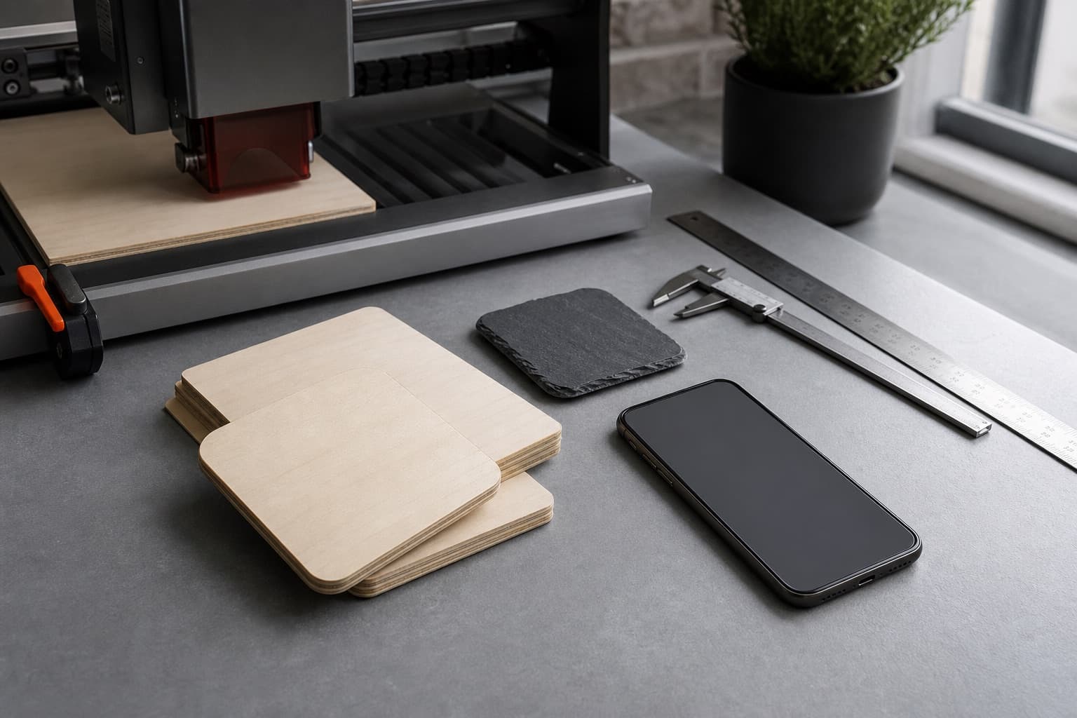 Laser engraving workspace with blank wood, slate, measuring tools, and a phone